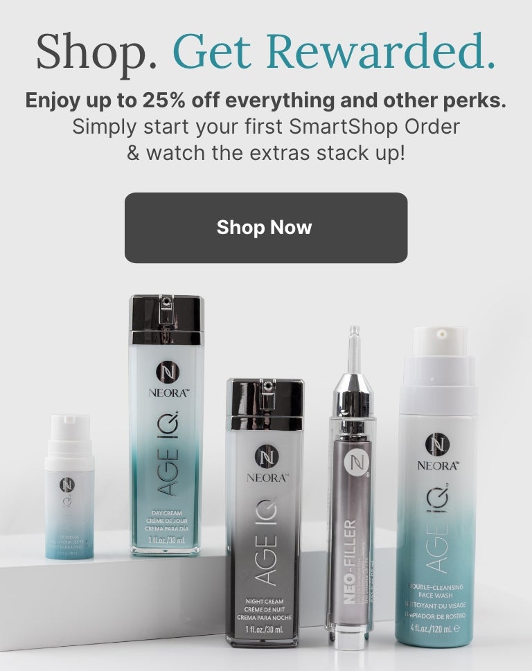 Enjoy up to 25% off everything and other perks. Get started with your first SmartShop Order. Featured is a group of various Neora products.